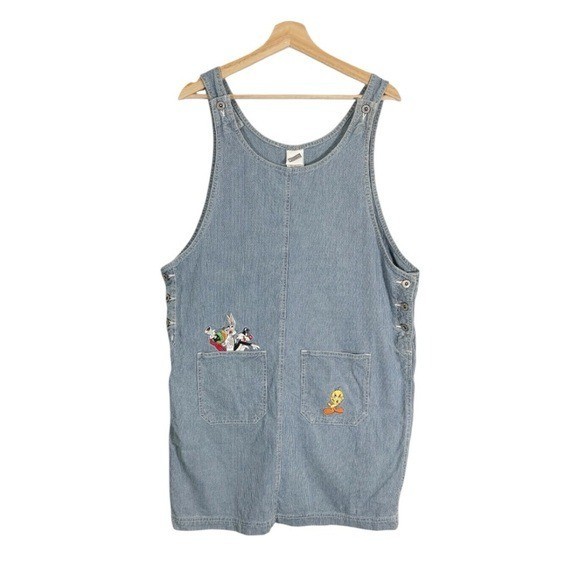 Vintage Looney Tunes 90s Sleeveless Pinstripe Denim Jean Dress Size Large Womens