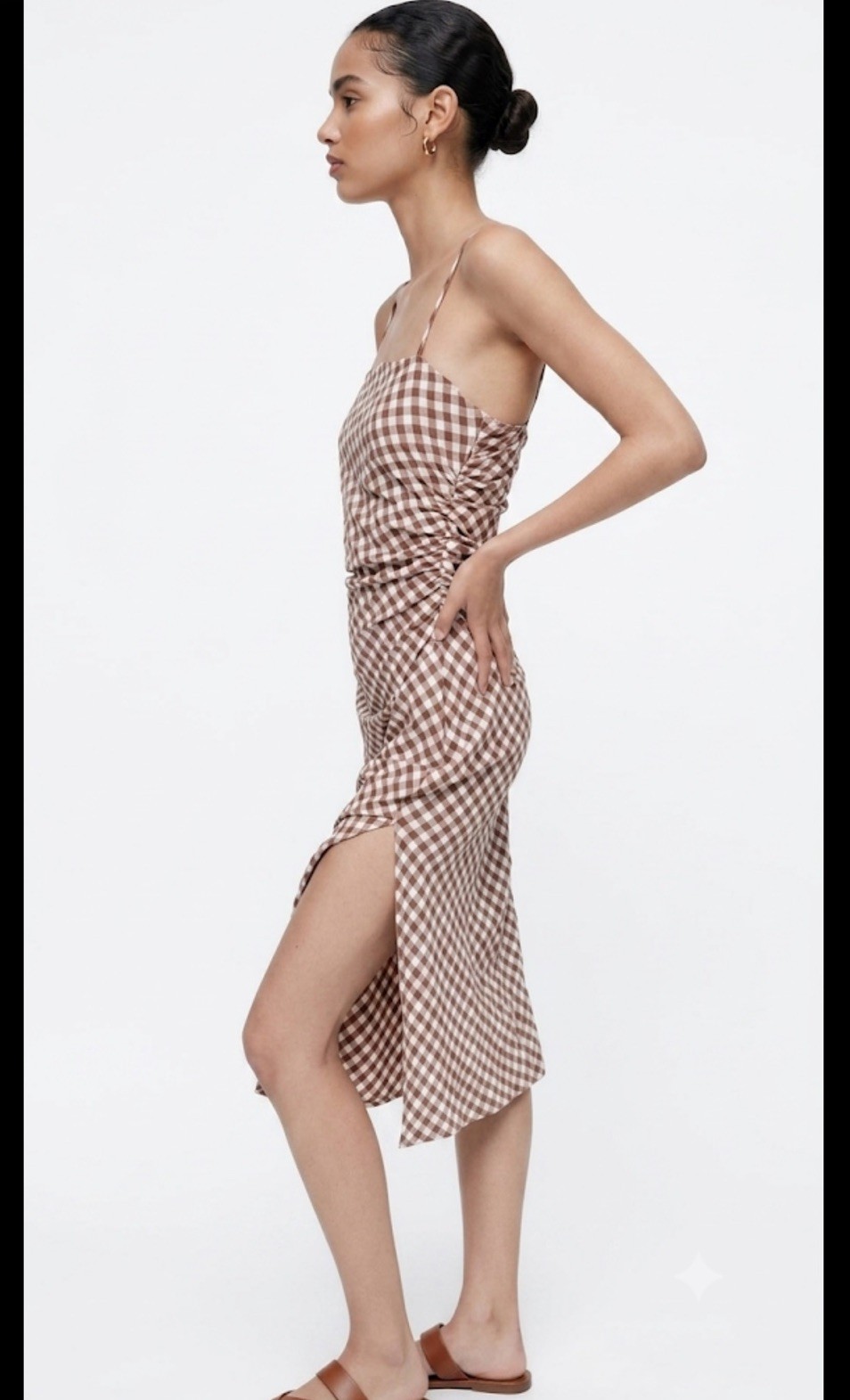 NWT ZARA Sleeveless Gingham Midi Dress Brown White Ruched Slit Women’s Medium