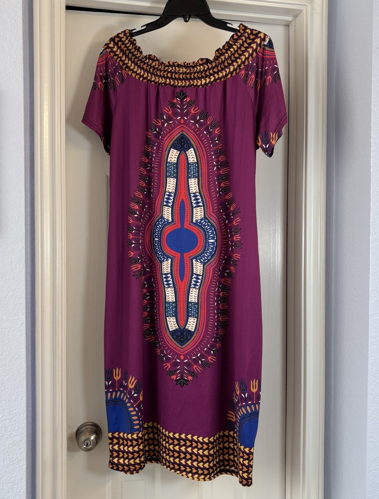 Jessica Taylor NYC Dashiki Dress Purple African Print Midi Shift Stretch Boho XL