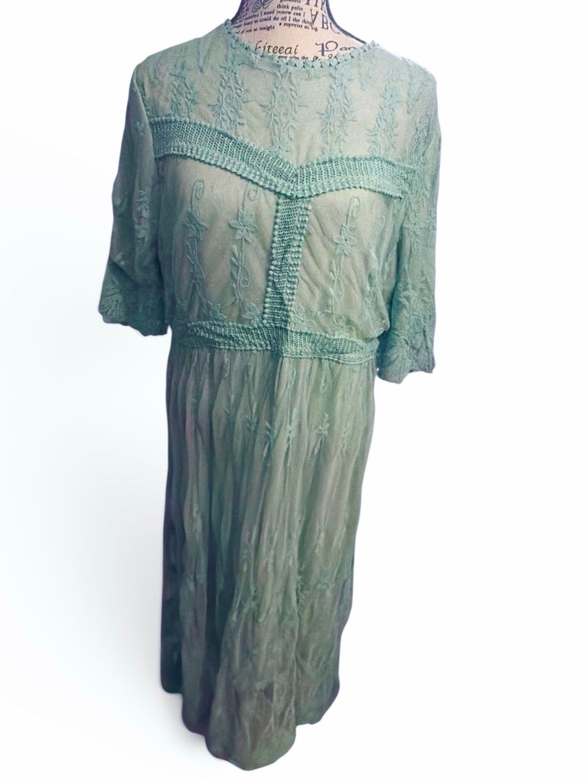 Vintage Style Embroidered Renaissance Crochet Maxi Dress Mint Green 2XL