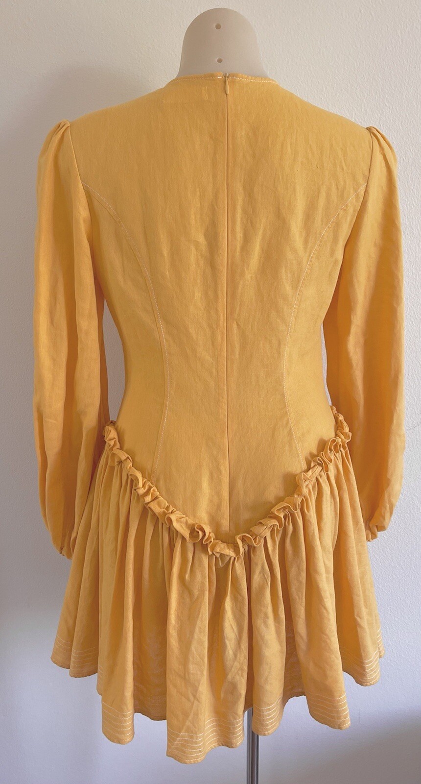 LEO LIN Mini Dress Yellow Pastel Orange Cotton Linen balloon Sleeves SZ AU 10 M