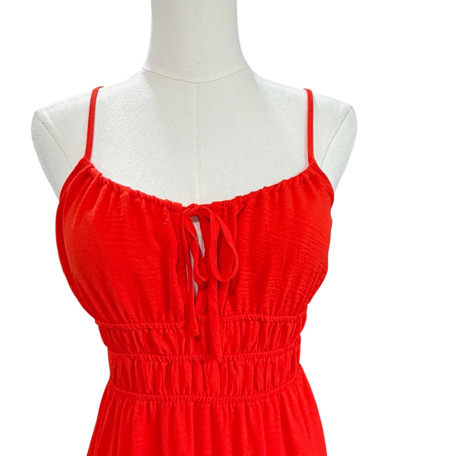 Monteau Los Angeles Orange Red Smocked Tiered Midi Dress S Boho Beach Festival