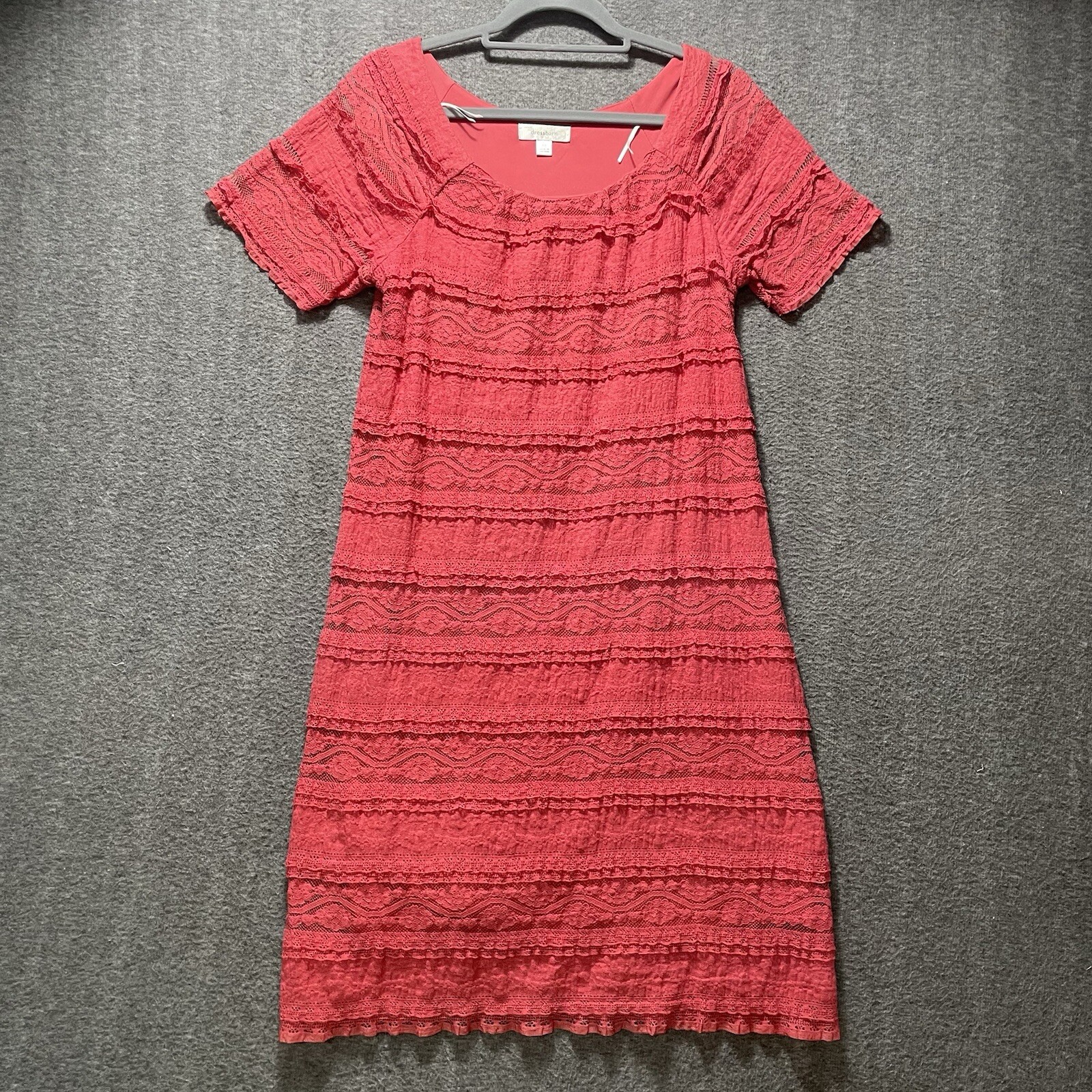 Coral Pink Dress Barn Sheath Size 10 Short Sleeved Fully Lined Lace Cotton Blend