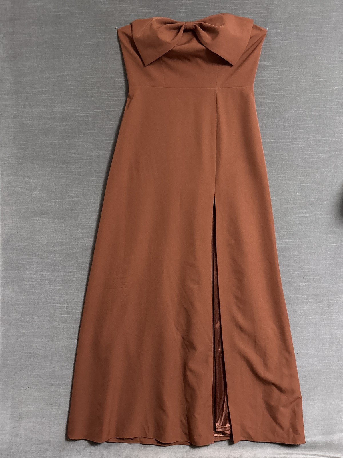 Revelry Gown 14 Brown Satin Strapless Bow Lace Up Slit Formal Evening Maxi Long