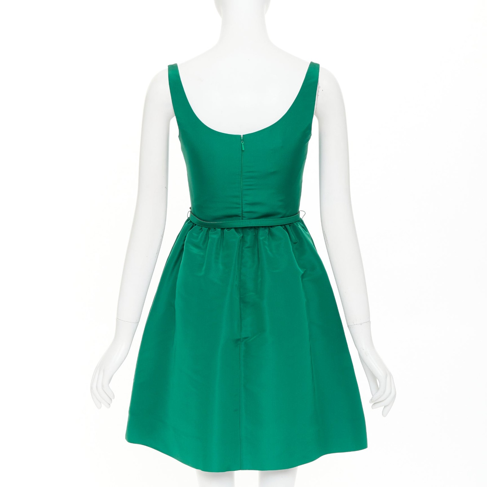 OSCAR DE LA RENTA 2017 green silk faille square neck belted flare dress IT40 S