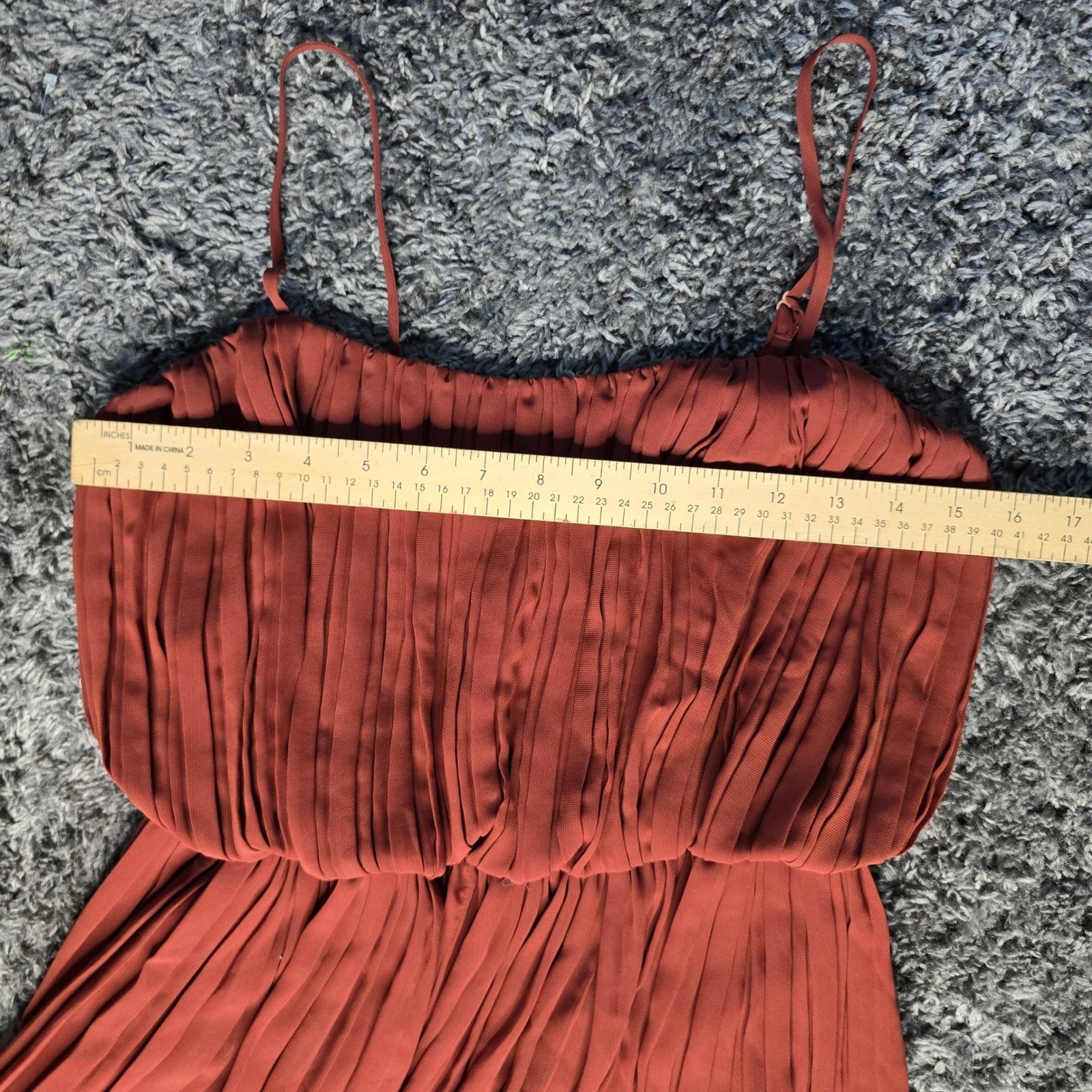 BCBGeneration Rust Orange Pleated High-Low Dress XS Smocked Waist Spaghetti Strp