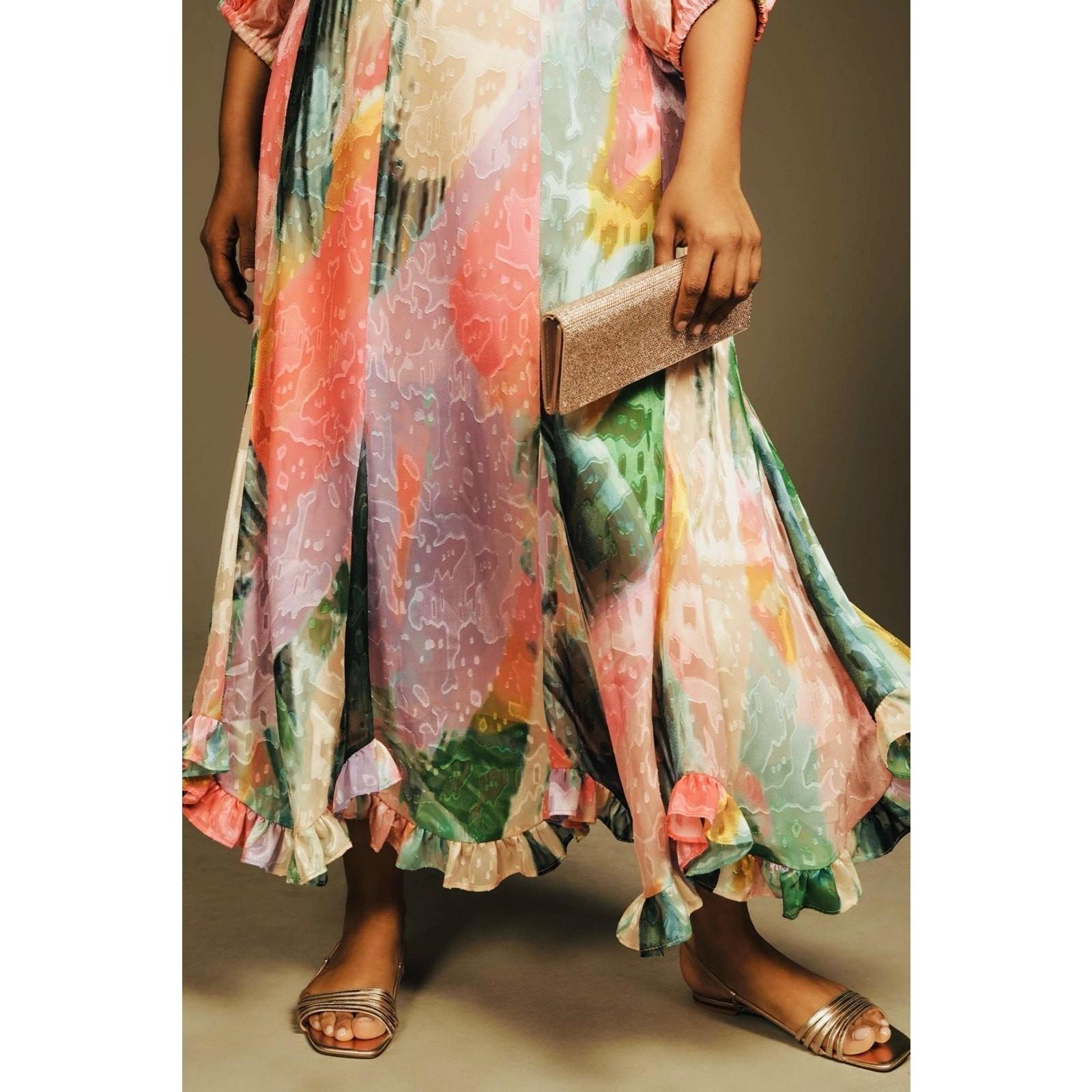 NWT❤️Anthro Hutch Printed Twist-Front Puff-Sleeve Ruffle-Hem Dress szL