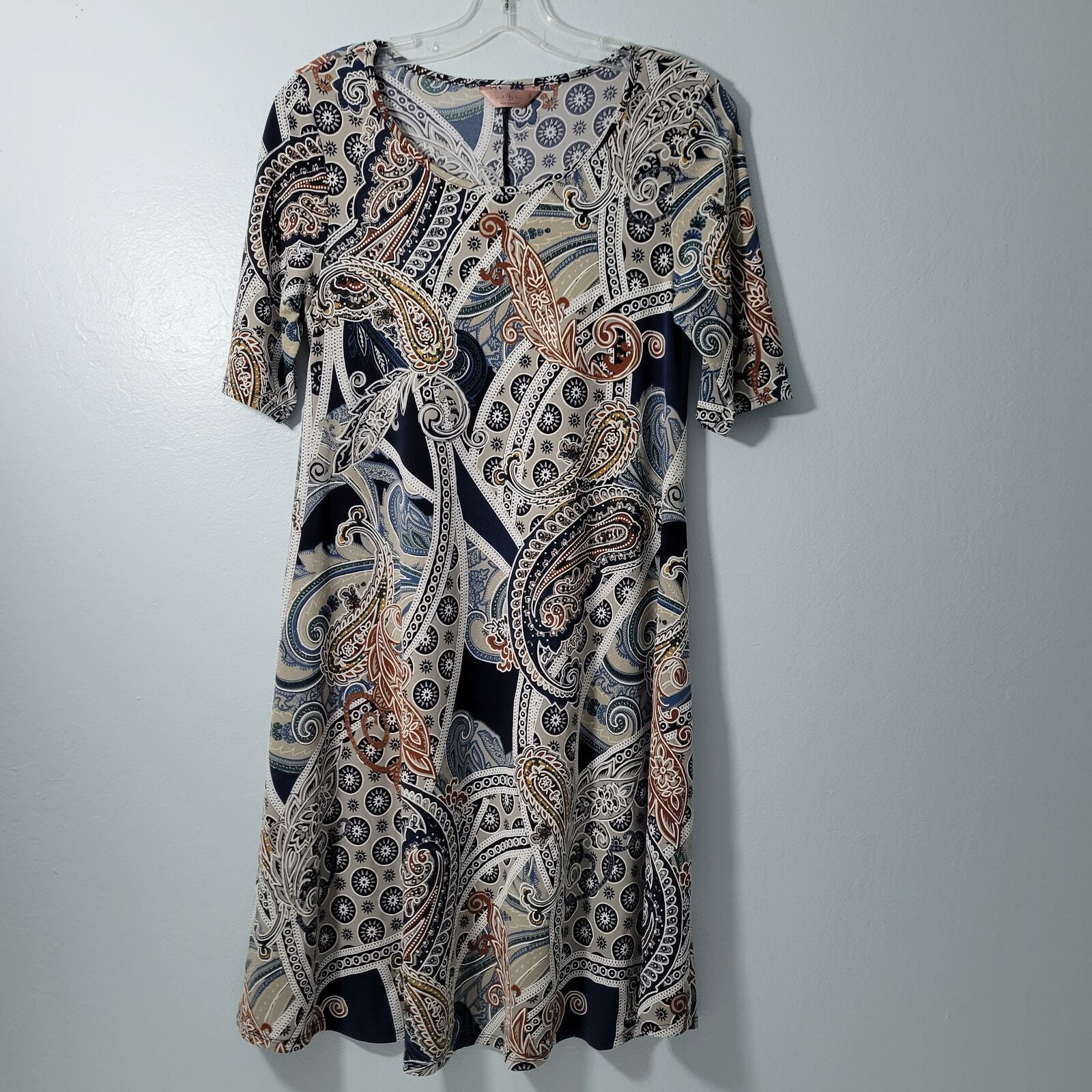 SJS Women’s Tan, Navy, & Brown Geometric Print Shift Dress Size S 40122-0505