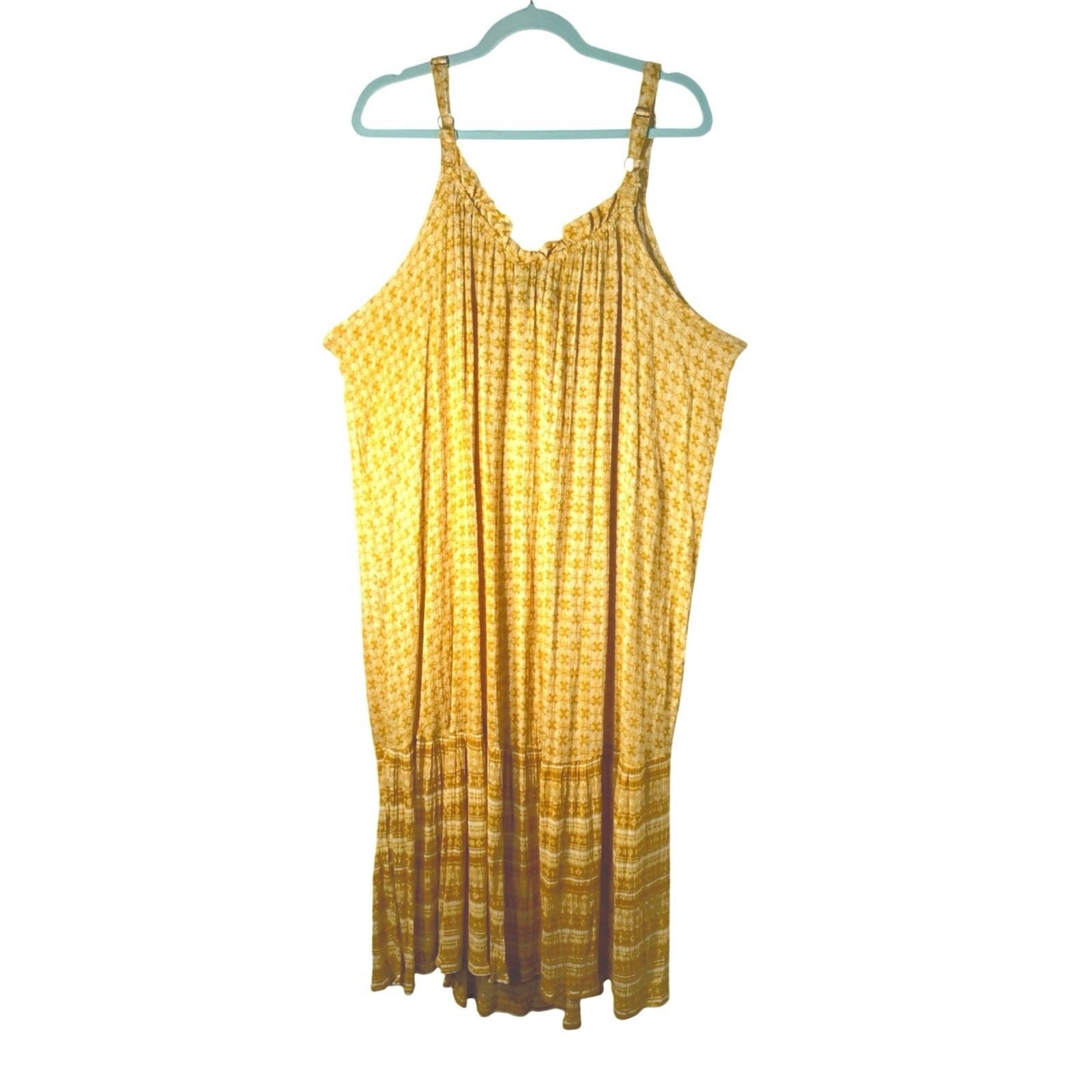 Millennium women’s 3X drop waist Daisy tie-dye drawstring ruffle neckline midi