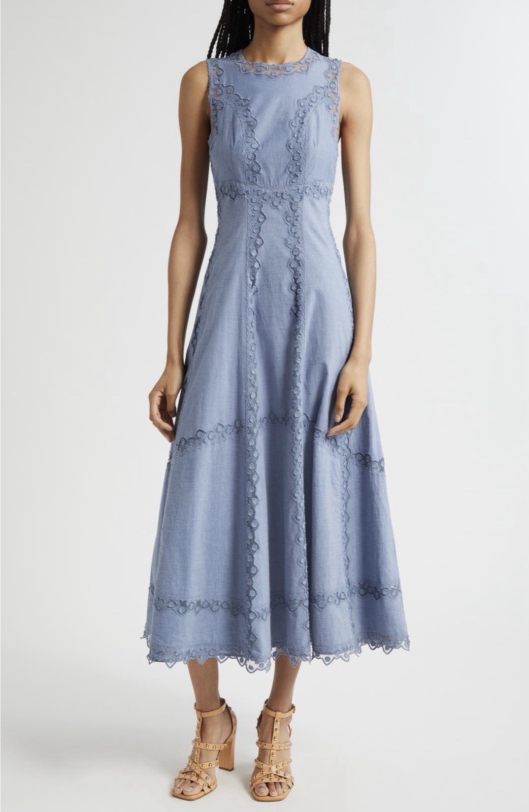 ULLA JOHNSON Anela Midi A-Line Dress Chambray Blue 2 Zip Lace Embroidered