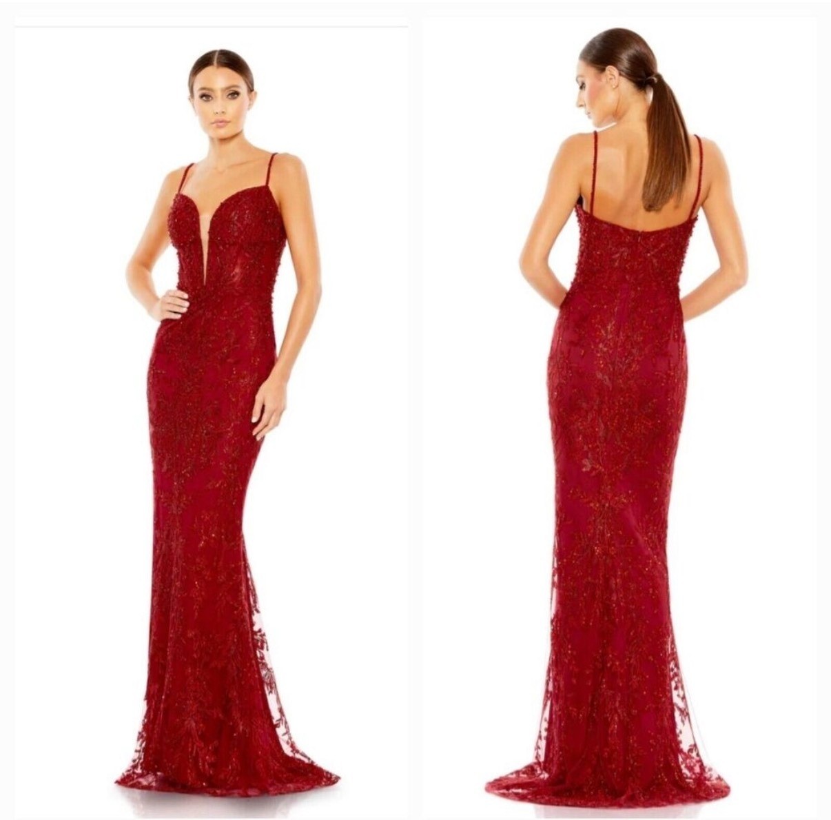 Mac Duggal 20330 Red Embellished Plunge Neck Illusion Mermaid Gown Dress Size 6