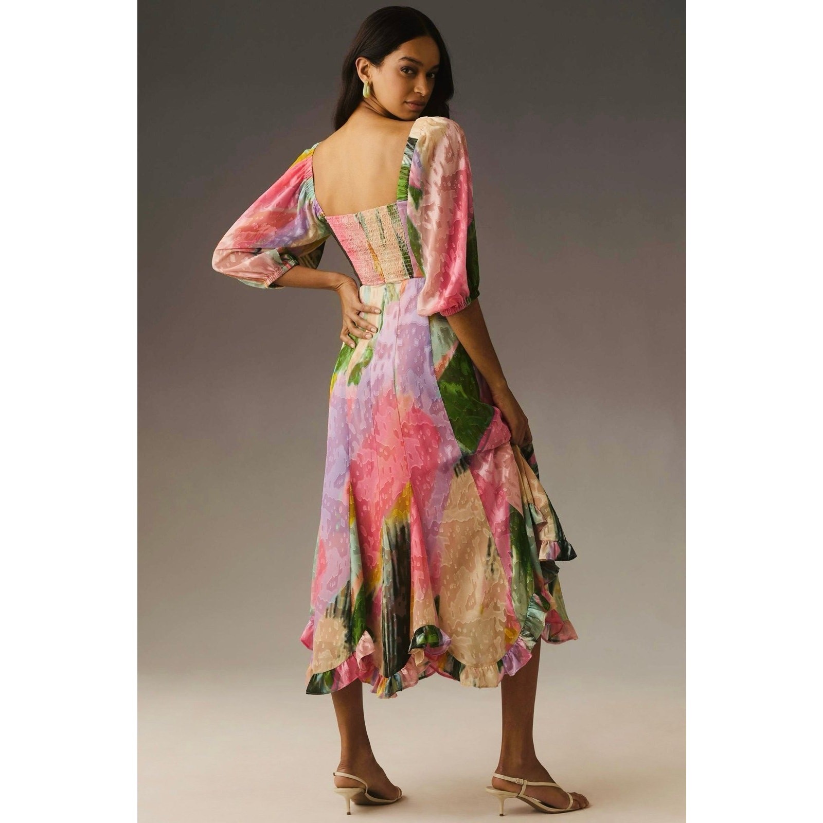 NWT❤️Anthro Hutch Printed Twist-Front Puff-Sleeve Ruffle-Hem Dress szL