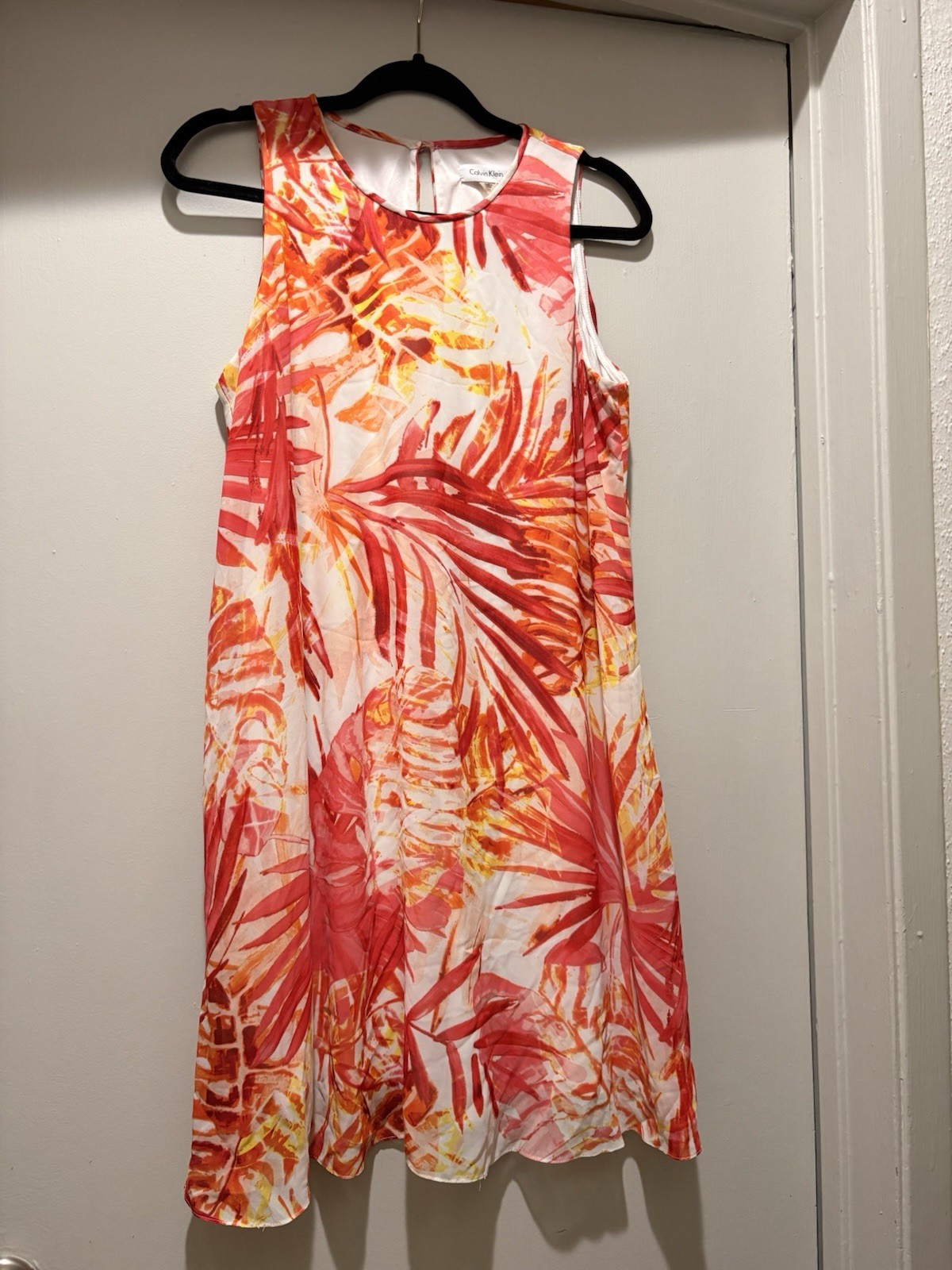 Calvin Klein Tropical Palm Print Sleeveless Dress Size 12 Orange Pink Trapeze