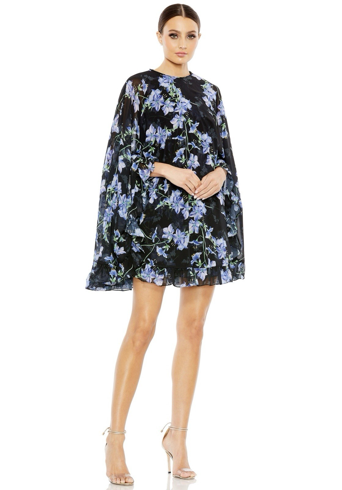 Mac Duggal 56028 Sz 4 Black Floral Cape Tent Flowy Mini Dress Gown $398
