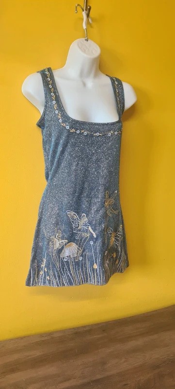 Womans size 10-12 whimsical Sun Fairy mini dress blue sparkly gold embroidery
