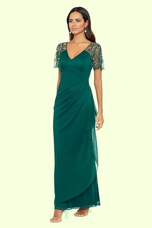 Xscape Neo Emerald Green Xscape Beaded Sleeve Ruched Column Gown Size 10 $208