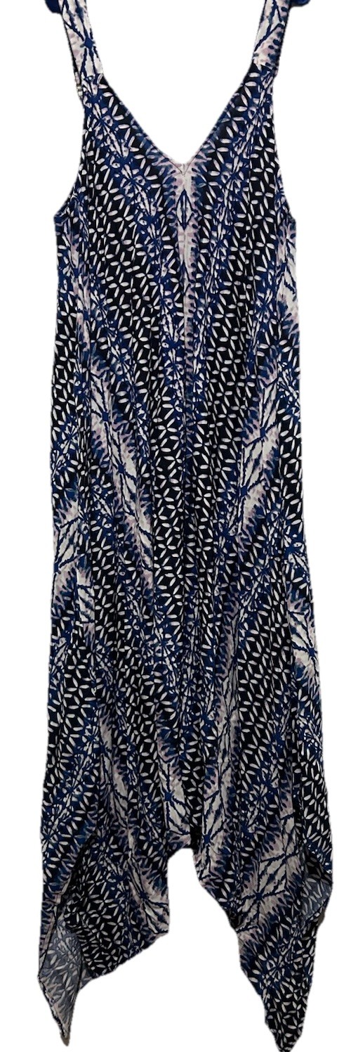 G Unit Dress L Blue Batik Rayon Boho Hippie Flowy Oversized Suspender Sundress