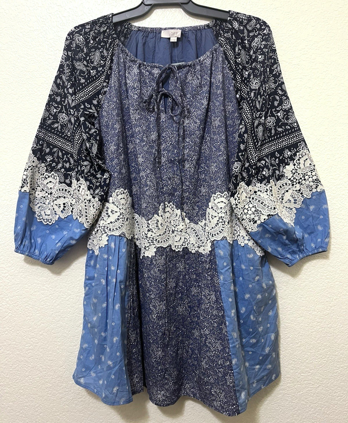 LOFT Precious Sapphire Lace Paisley Tie Mini Pocket Dress Patchwork Boho LP NWT