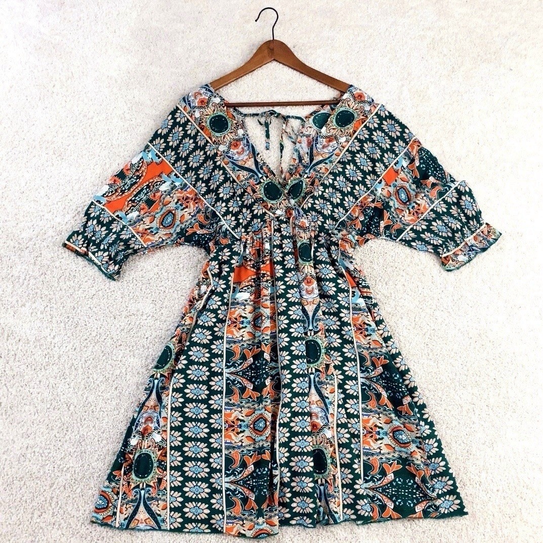 Green Orange Blue Kimono Paisley V Neck Empire Dress Size L Large