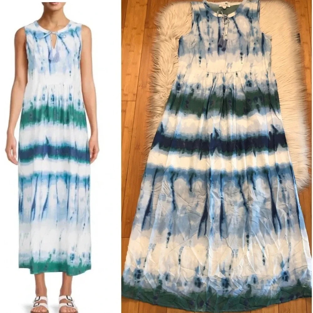Beach Lunch Lounge Tie Dye Ombre Green Blue White Tassel Maxi Dress size S