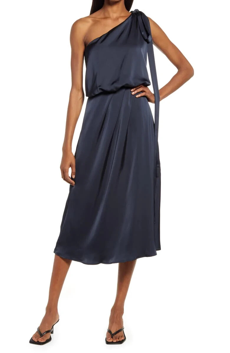 𝅺Amy Lynn One-Shoulder Navy Blue Satin Dress WOMENS Size L LARGE NEW