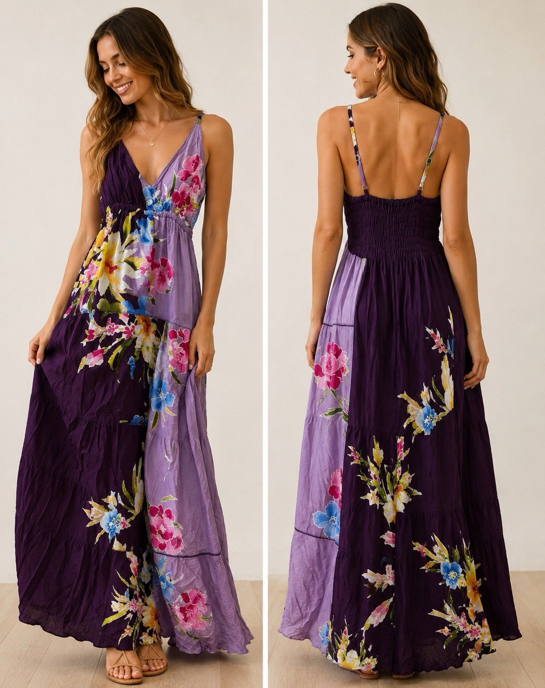 Unknown Factory Purple Floral Maxi Dress S V-Neck Strappy Smocked Cotton