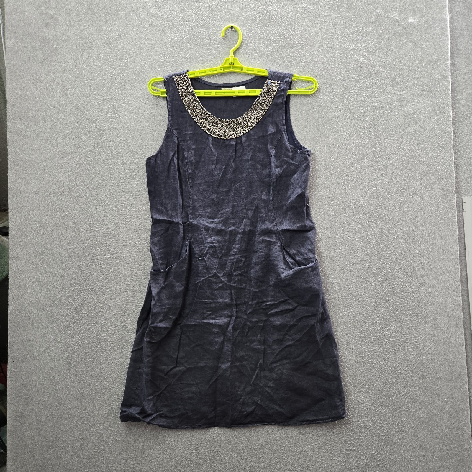 Lina Tomei Women Dress L Navy Cotton Linen Shift Sleeveless Made In Italy Beaded