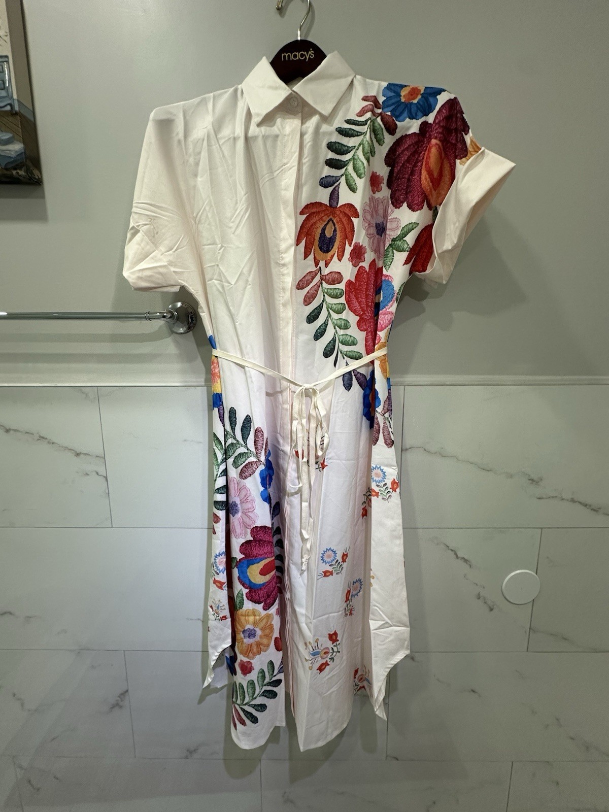 New Women’s Short Sleeve Lapel V Neck Flowers Button Belted Long Dress Medium