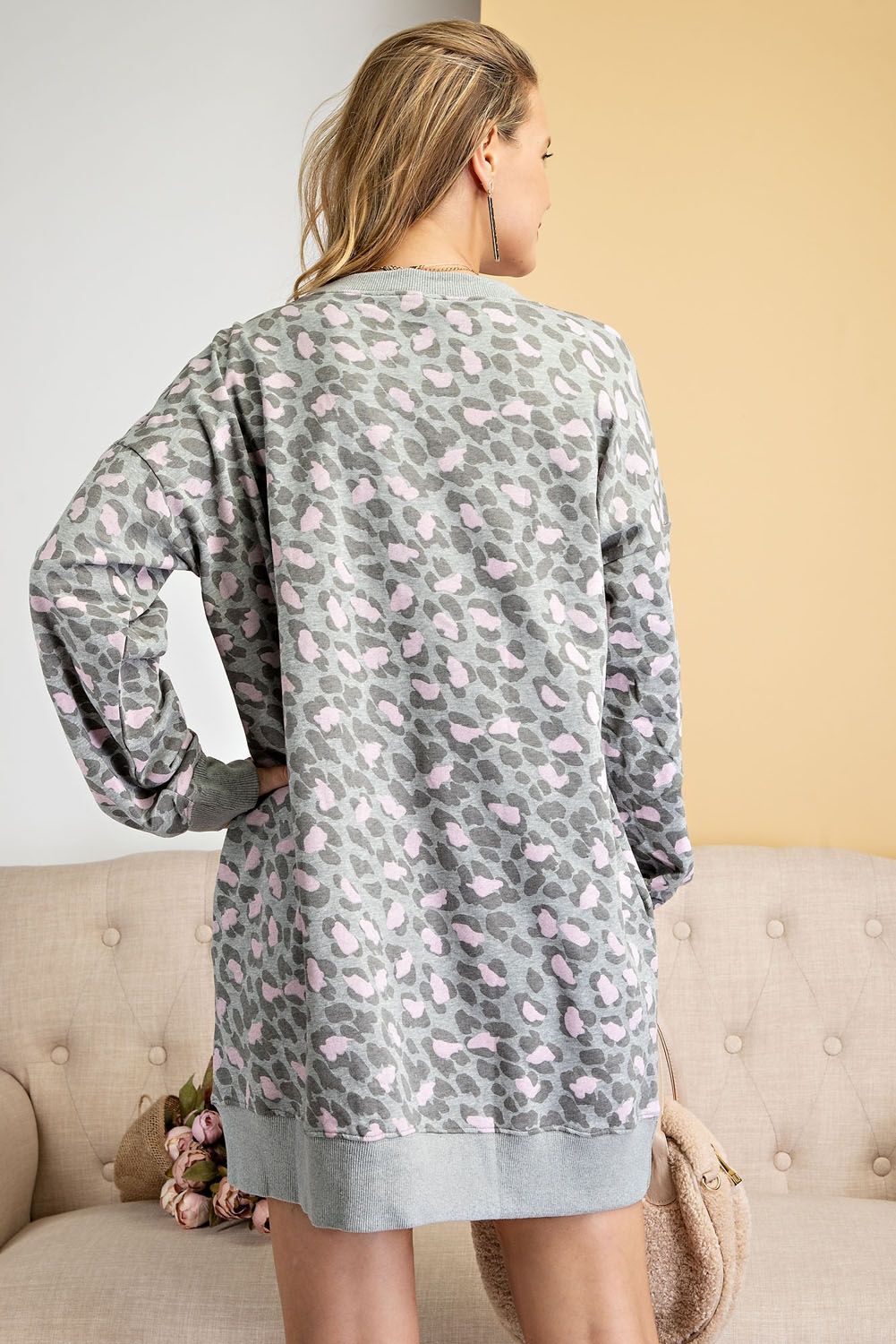 SIZE S-L EASEL HEATHER GREY LS LEOPARD PRINTED TERRY KNIT DRESS BHCS