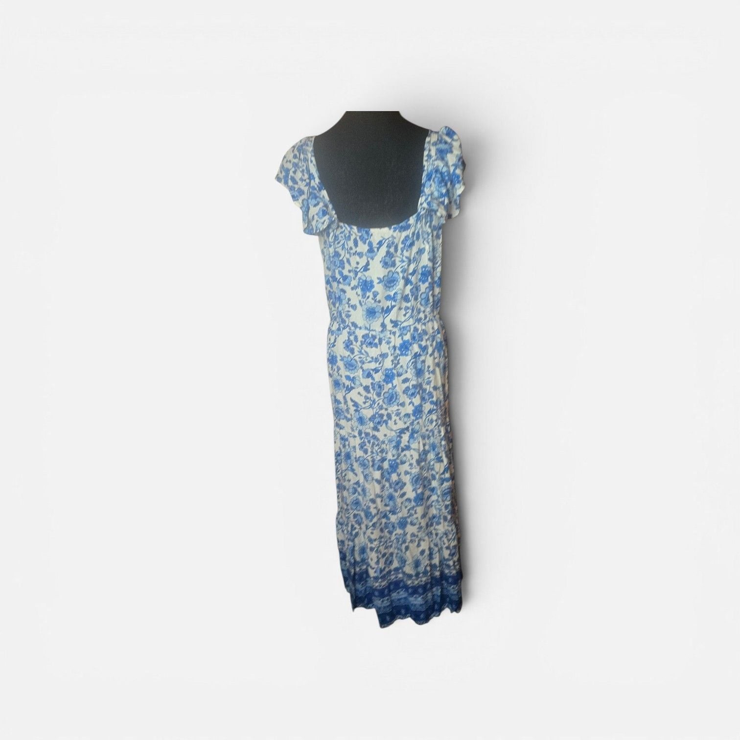 Chenault + Pink & Violet Blue and White Floral Print Flutter Sleeve Tiered Maxi