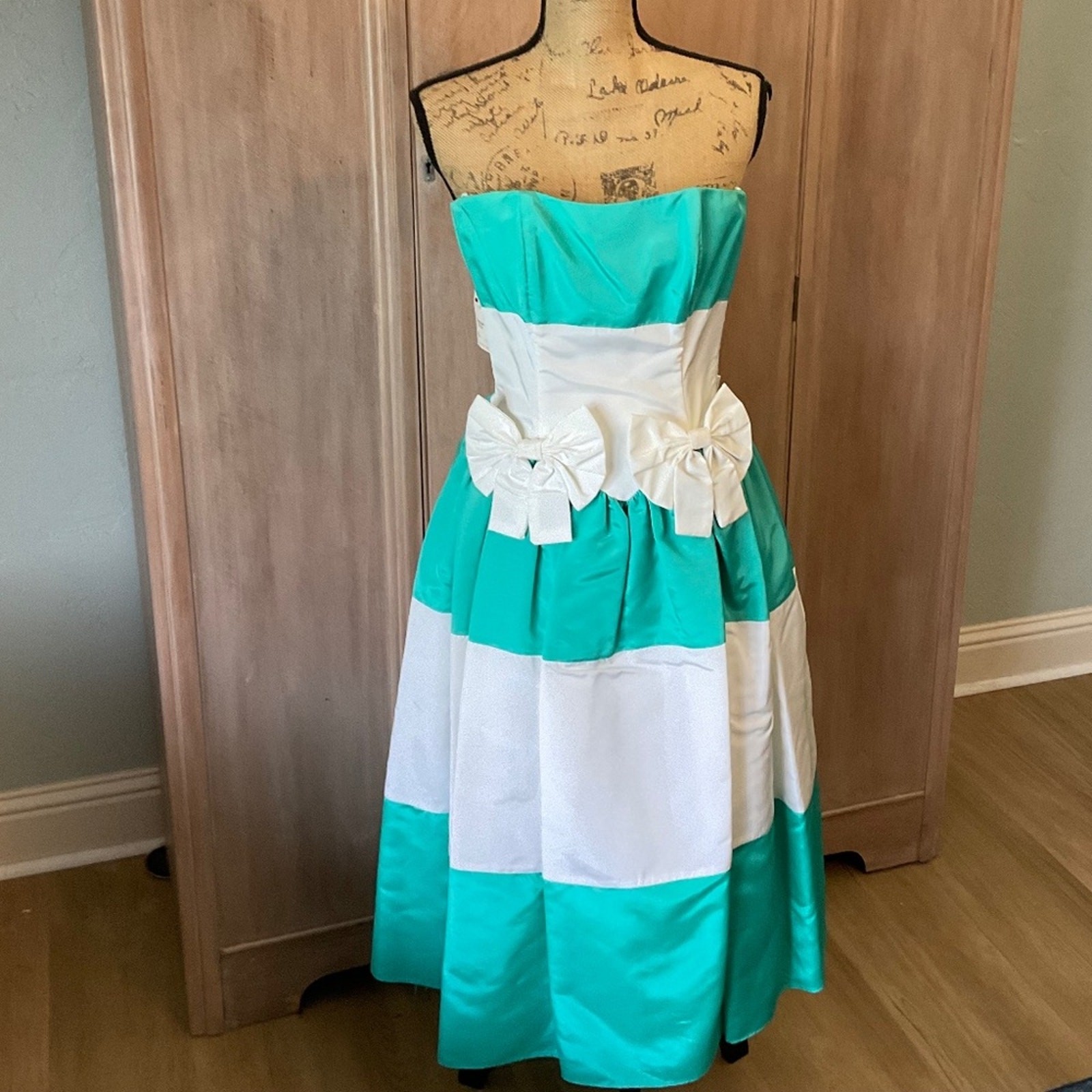 VTG Gunne Sax Jessica McClintock 1980s blue white bow Strapless Dress prom 7/8