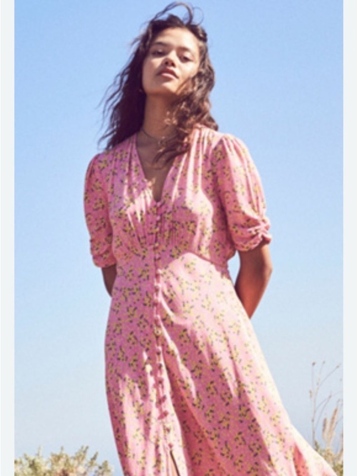 Ghost London Midi Dress Womens XS Pink Floral V-Neck Button Front Ruched Sleeve
