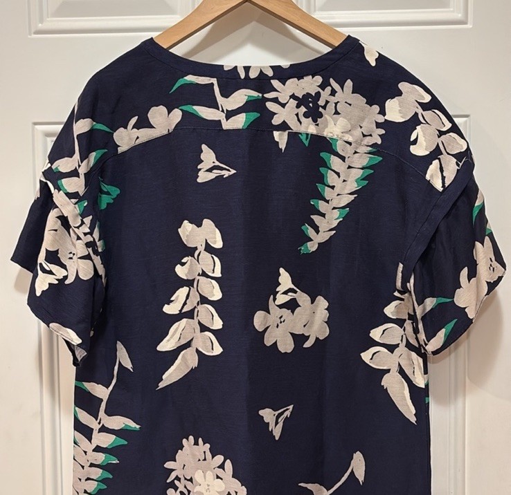 Anthropologie WHIT Silk/Linen Temple Dress in Botanical Print Navy Blue Size L