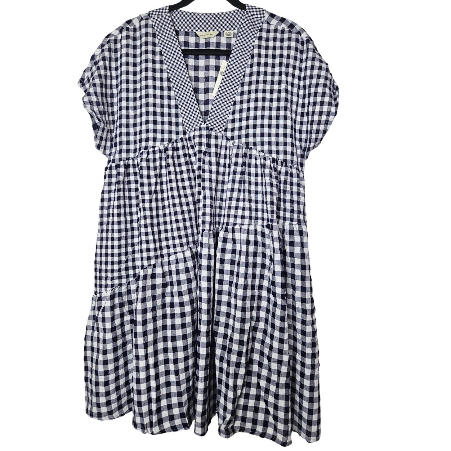 NEW Anthropologie M 11 1 TYLHO Navy Blue Gingham Check Swing Dress Cottage