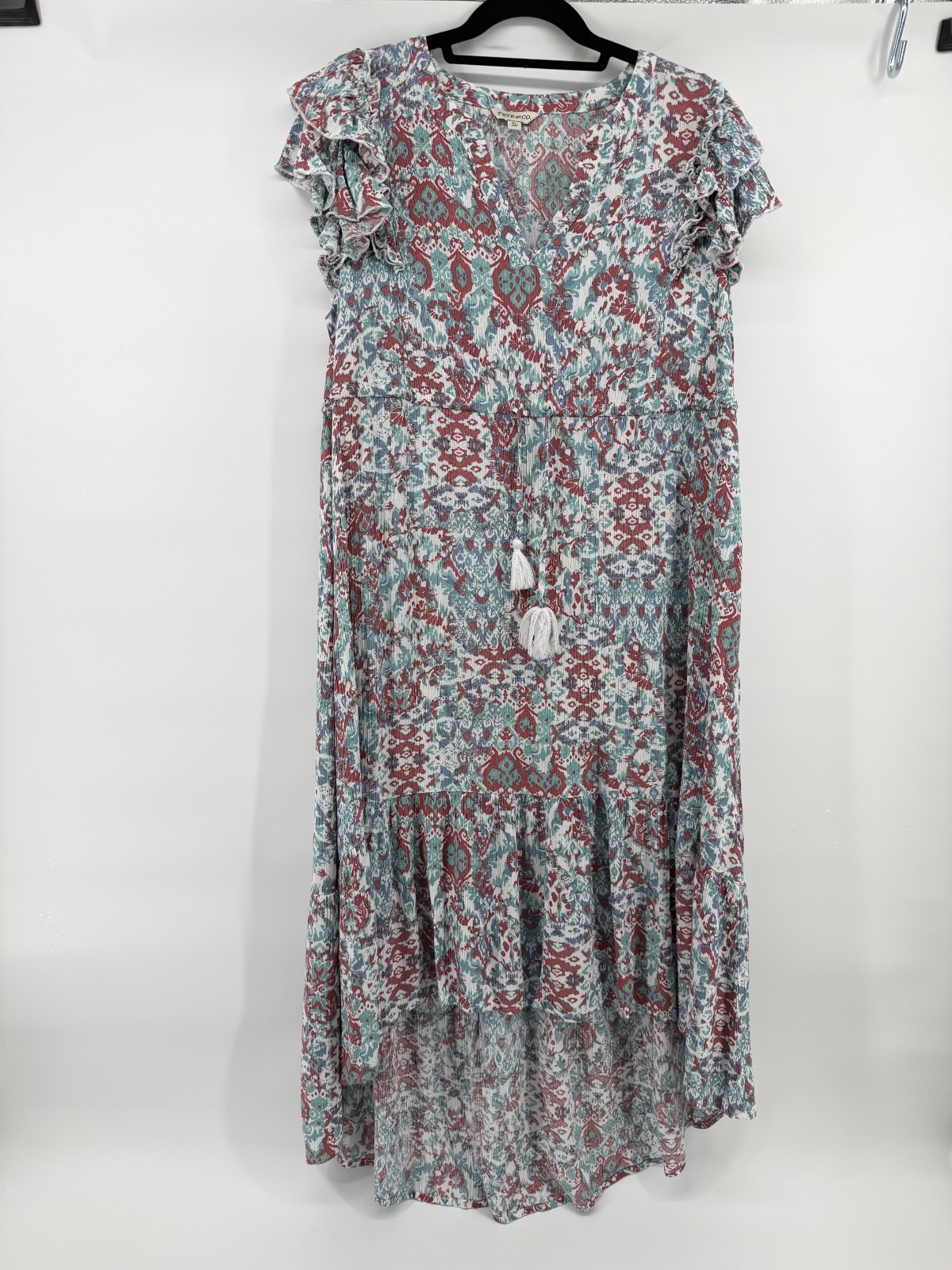FRYE & CO Ruffled Tiered Maxi Dress XL Teal Red Floral Boho High Low Cottagecore