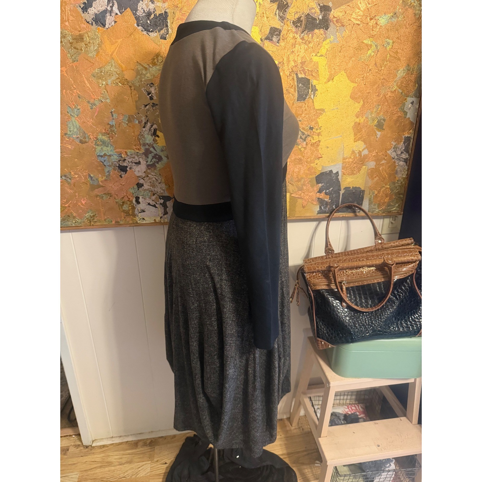 RARE Ronen Chen Israel Stretchy Earth Toned V-Neck Midi Dress Tulip Skirt L