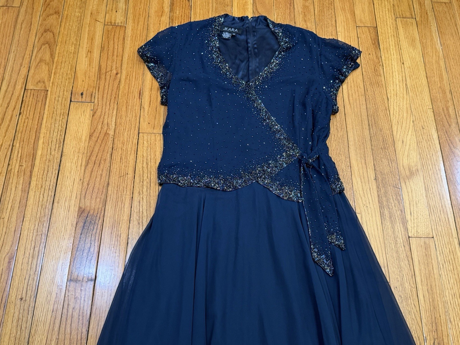 JKARA Beaded MaxiDress Navy Blue Flutter Sleeve Formal Evening Wedding Womens 14