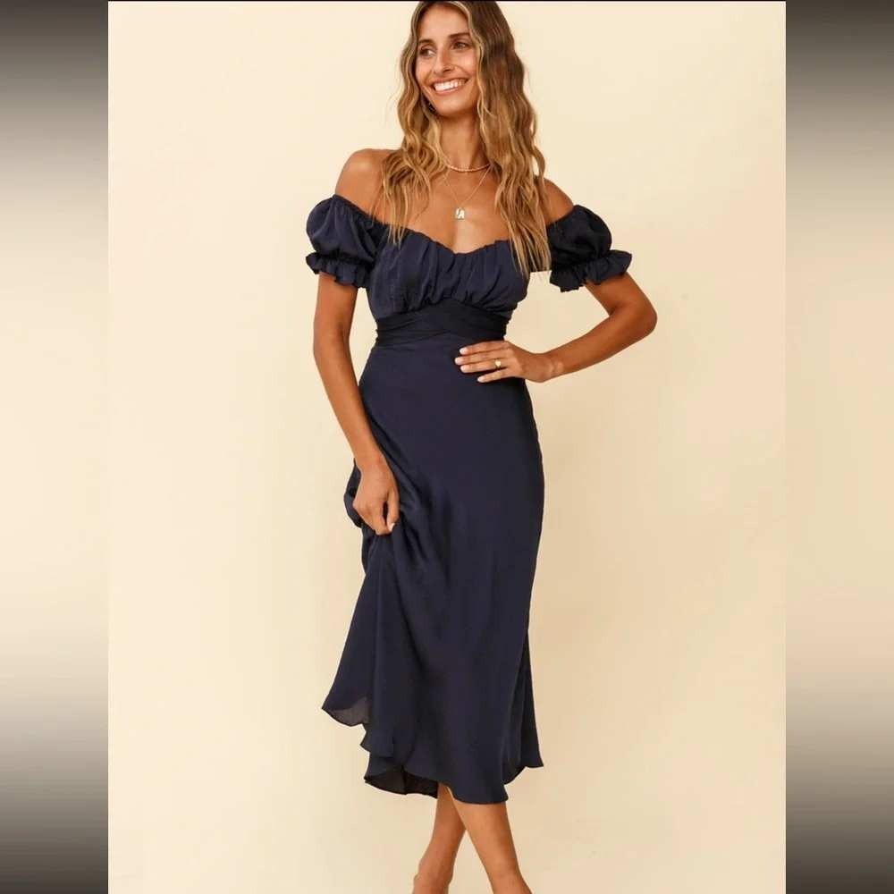 Saints & Secrets Satin Off Shoulder Midi Dress L Navy Blue Puff Sleeve Romantic