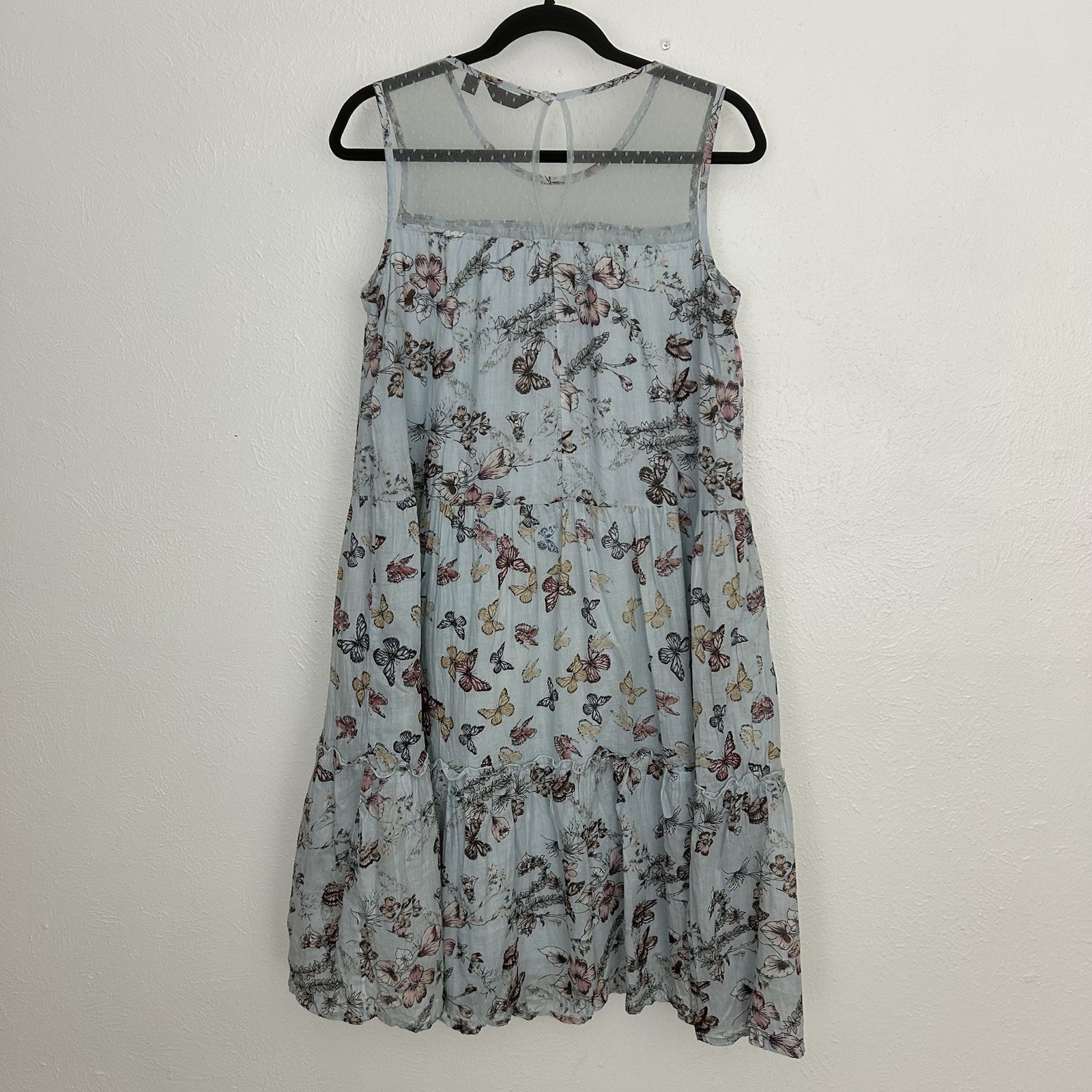 Mile Gabrielle Blue Butterfly Floral Tiered Dress Size S Lace Neck Sleeveless