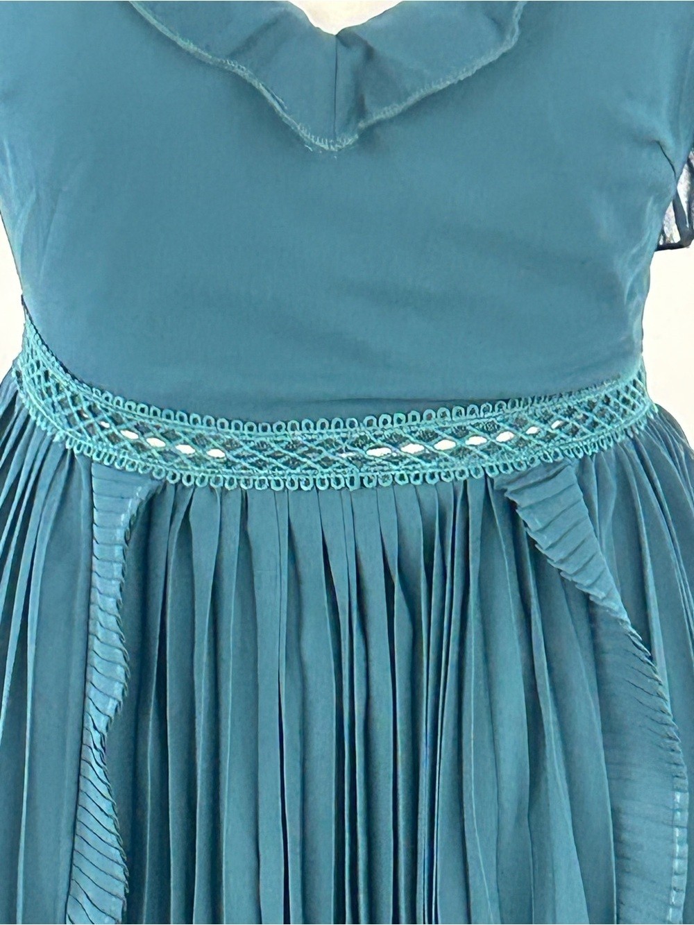 Lulus NWT Teal Pleated Chiffon Midi Dress Ruffle Tie Strap Cottagecore XXS