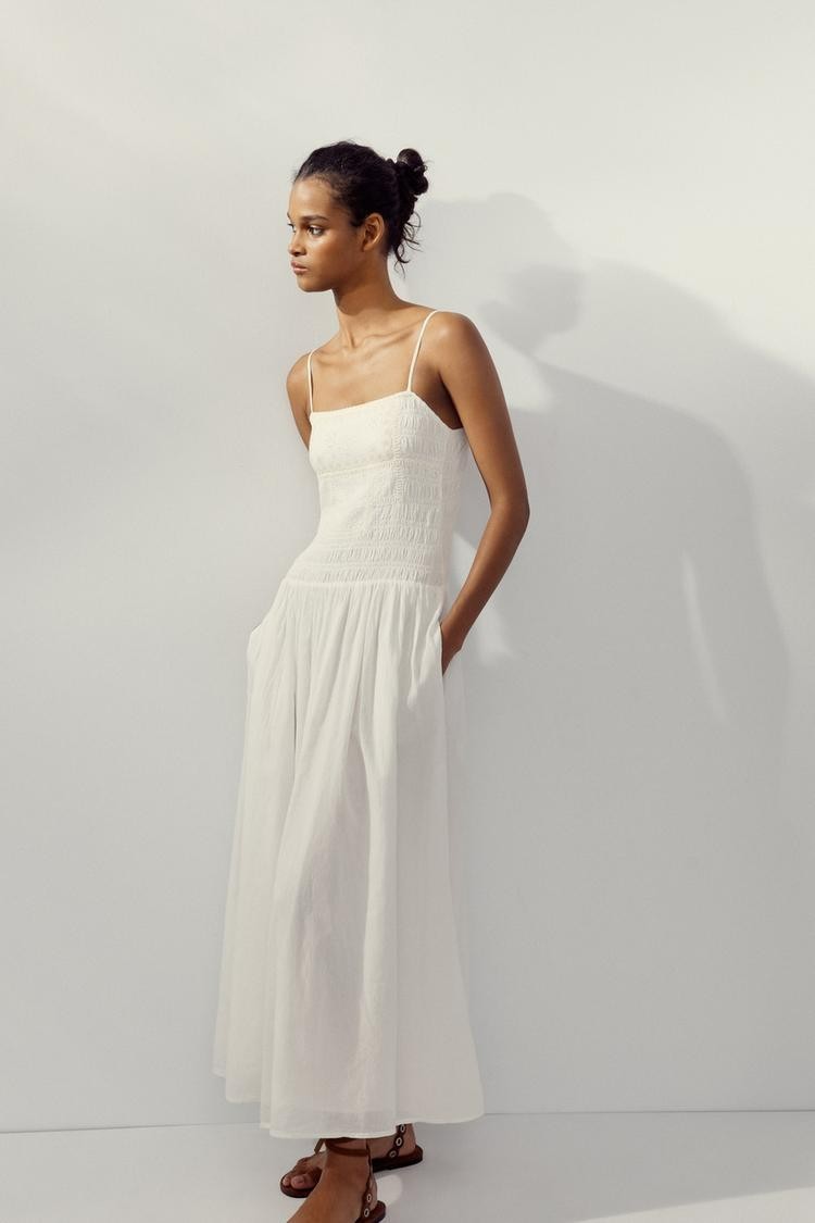 ZARA EMBROIDERED FLORAL OYSTER WHITE MIDI DRESS M