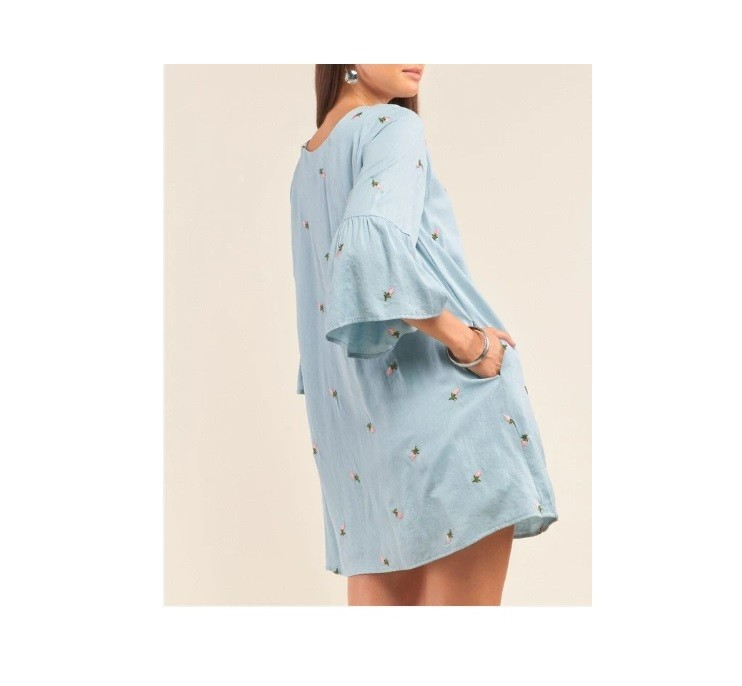 Dress, Rose Floral Embroidery, Light Blue, Large Size, New, FreeShip over $34.00