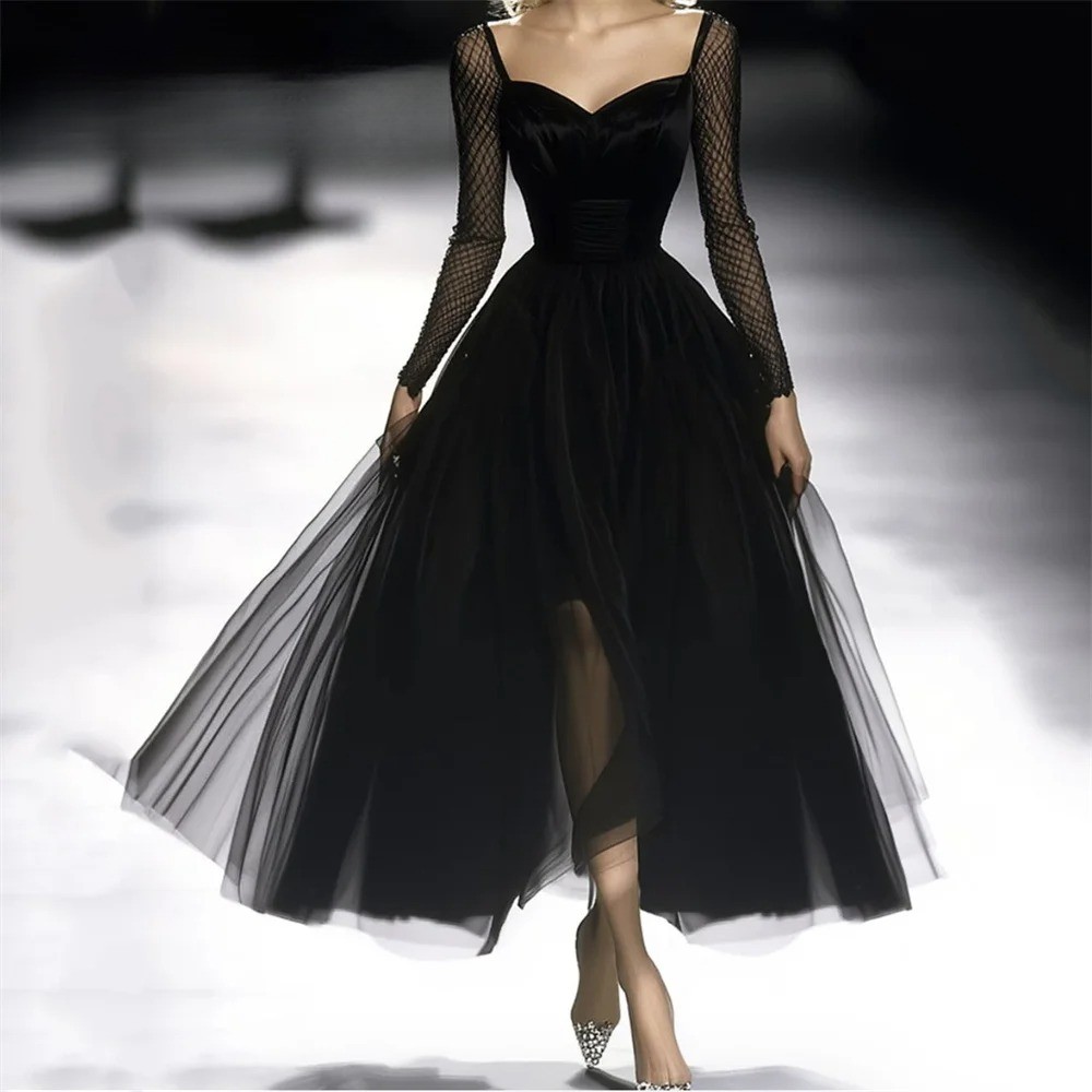 Black Elegant LongSleeve Mesh Dress Vestidos De Noche Ankle-Length VNeck Evening