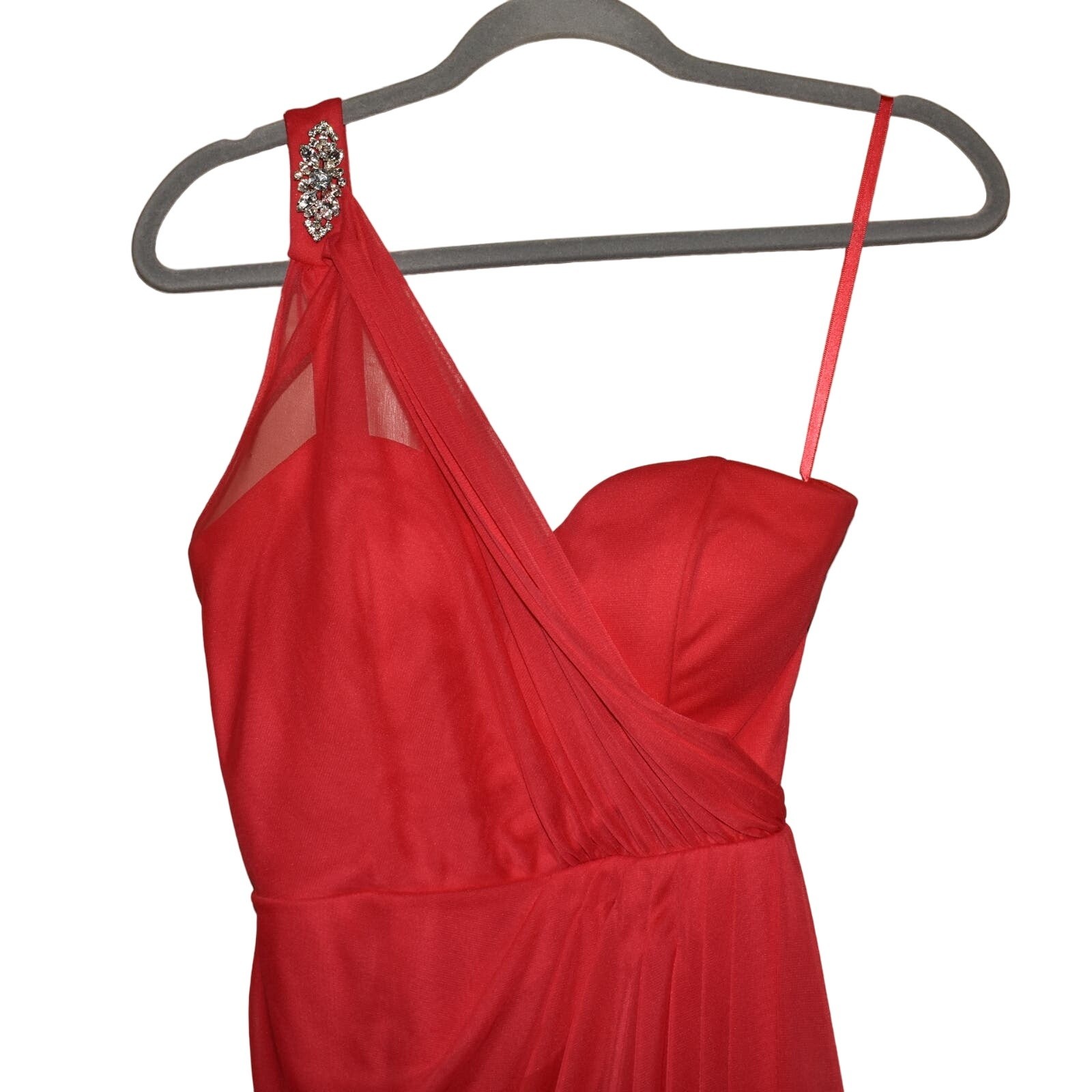 CACHE $148 Brooch Strap One Shoulder Mesh Cocktail Dress Red Size 6