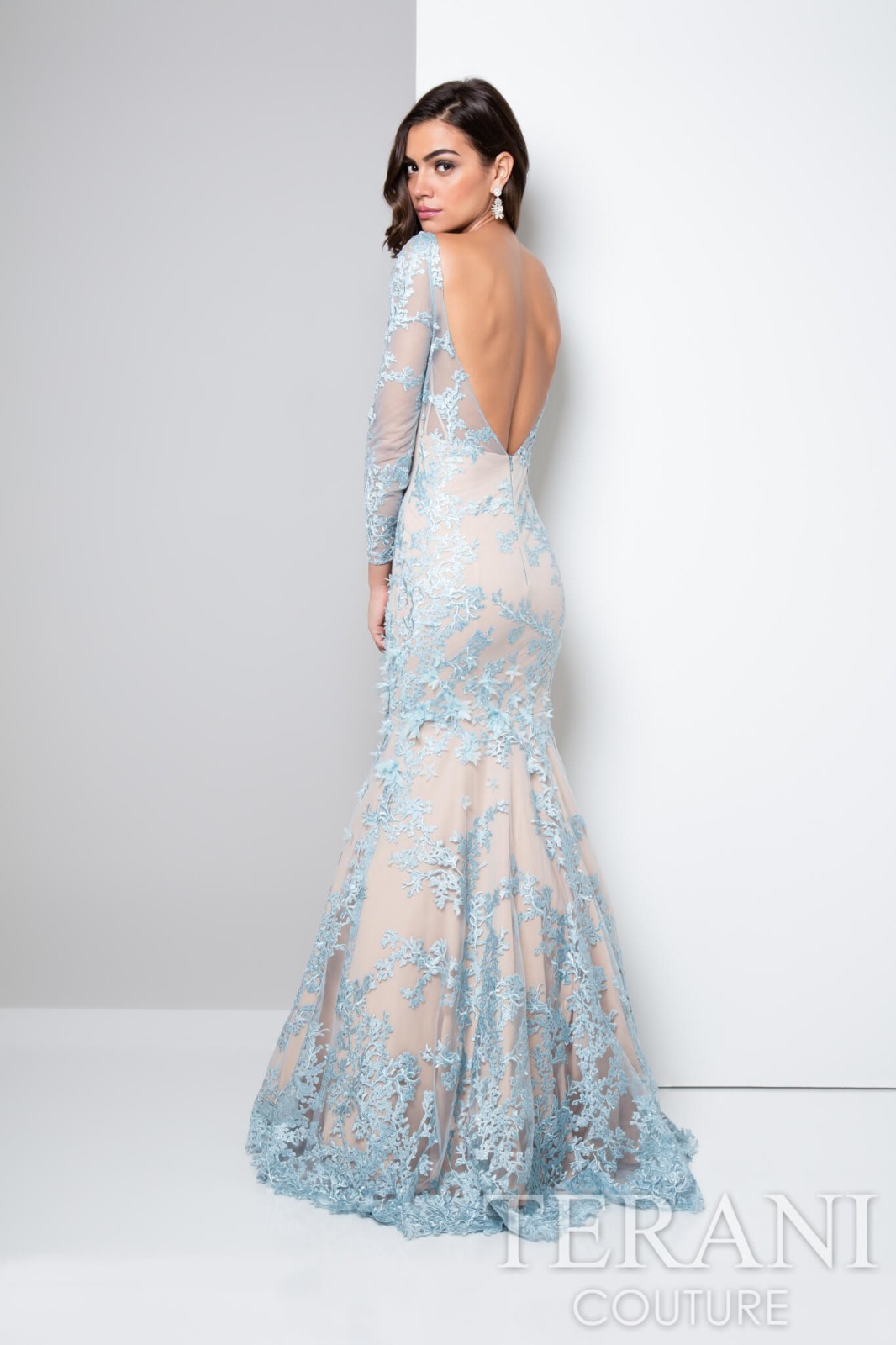 TERANI COUTURE Blue Nude Beaded Lace Long Sleeve Mermaid Gown 16 = XL 1711GL3530