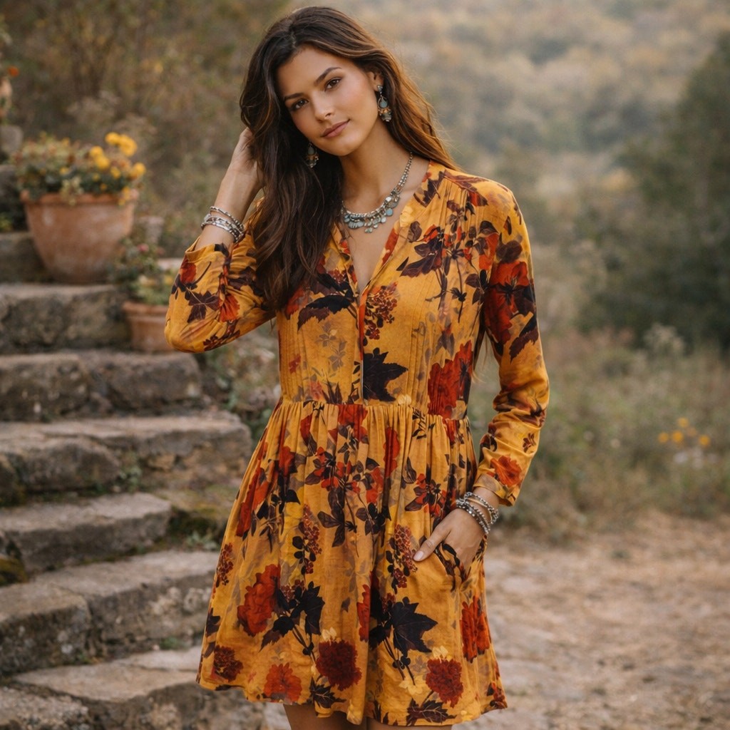 Peruvian Connection Women’s Brown Floral Dress Pleated size Small
