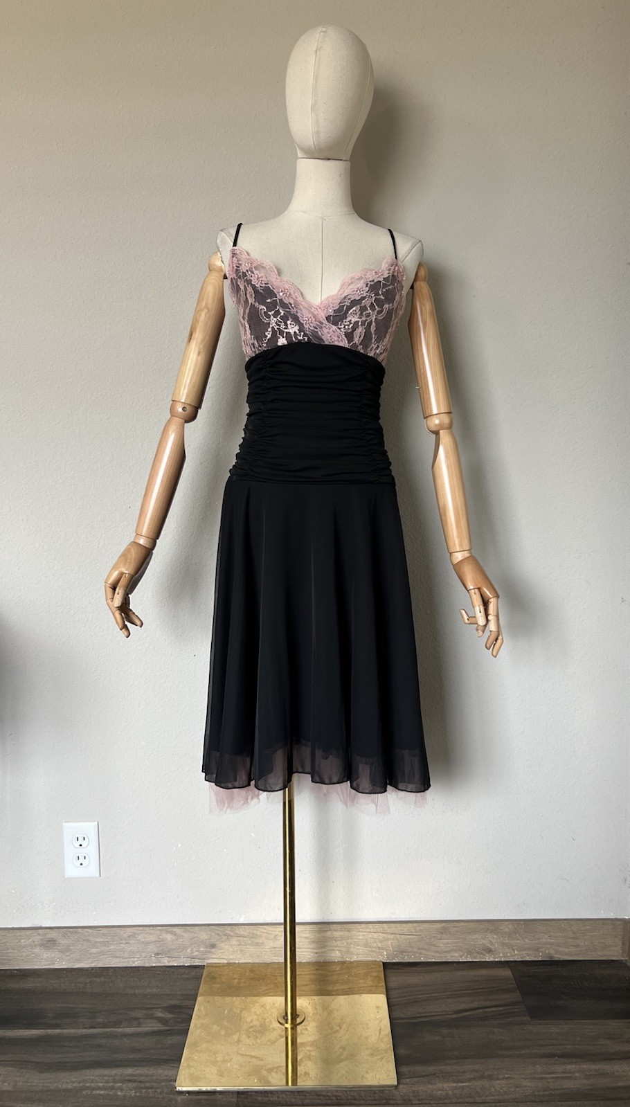 Y2K My Michelle Black Pink Cocktail Romantic Fairycore Dress Lace Beaded Sz L