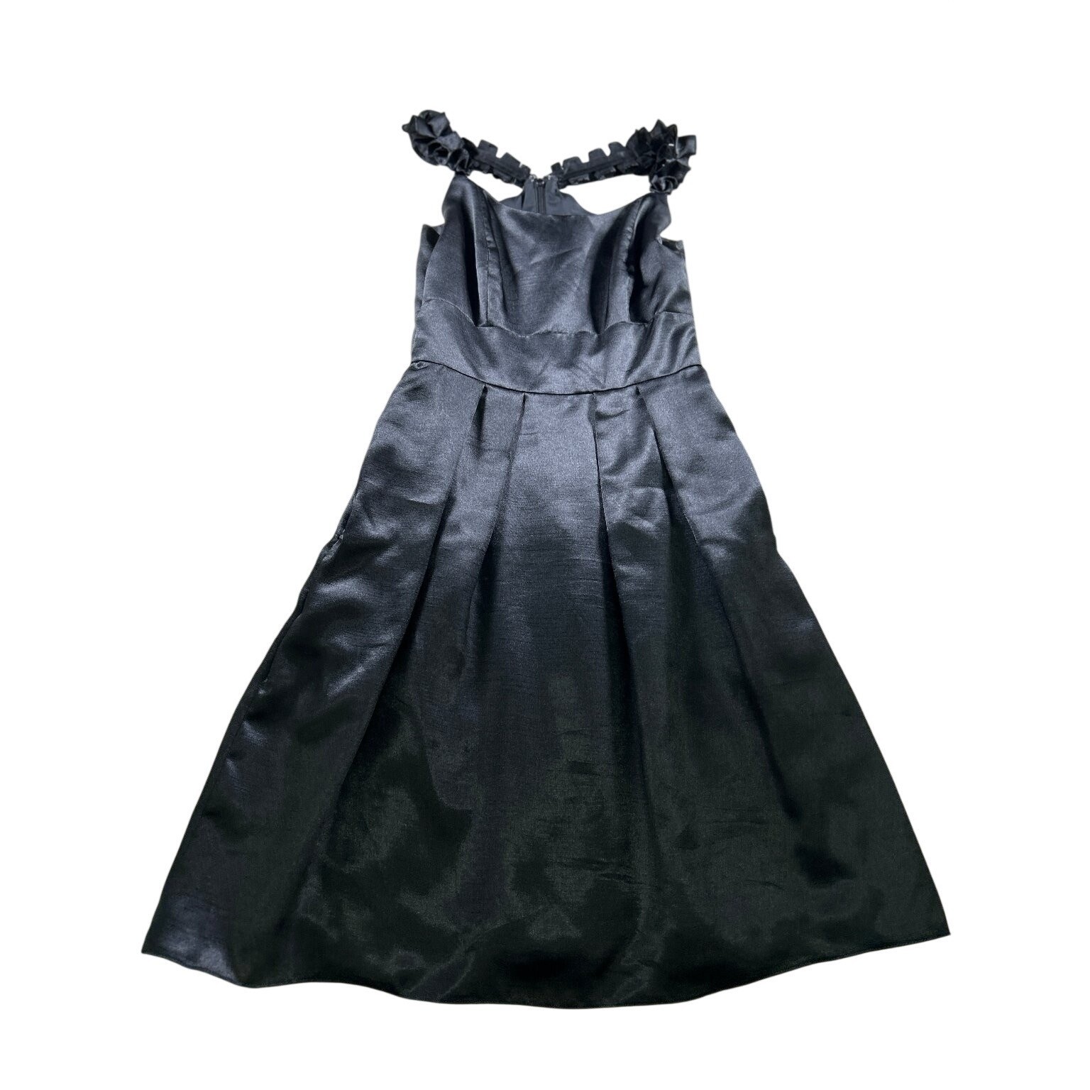 Jasmine Satin Pleated Dress 10 Black Ruffle Strap Pockets Cocktail Prom Glam