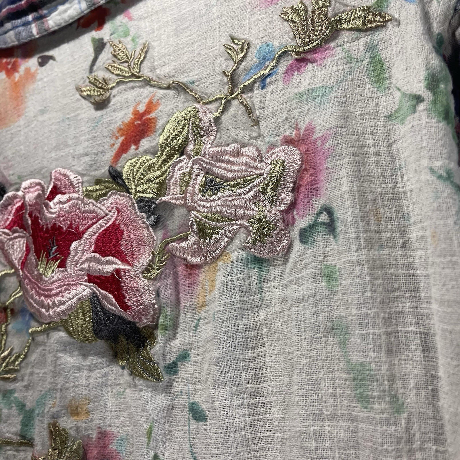 Philosphy Floral Embroidered Plaid Dress Roll Tab Sleeve M Cowgirl Festival