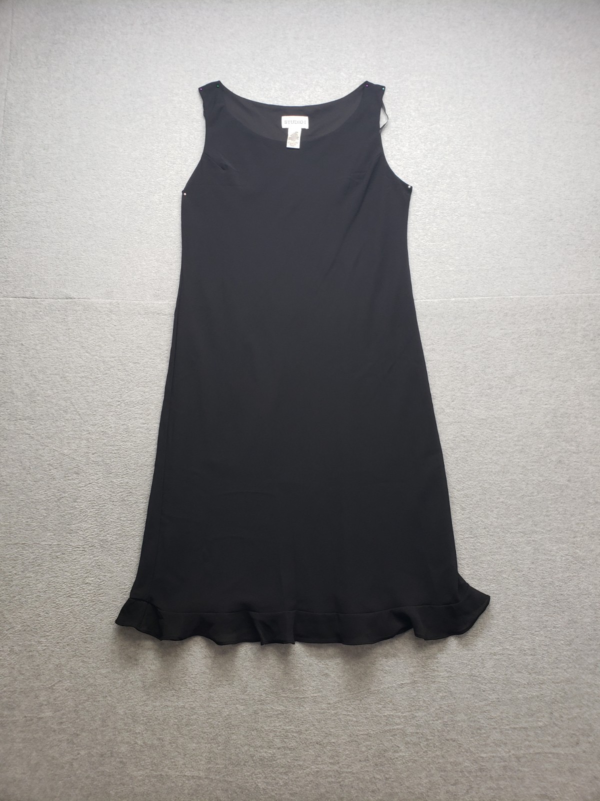 Studio I Women Dresses 16 Black Round Neck Sleeveless Ruffled Hem Logo Outdoor